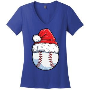 Christmas Baseball Ball Santa Hat Xmas Catcher Pitcher Cute Gift Women's V-Neck T-Shirt