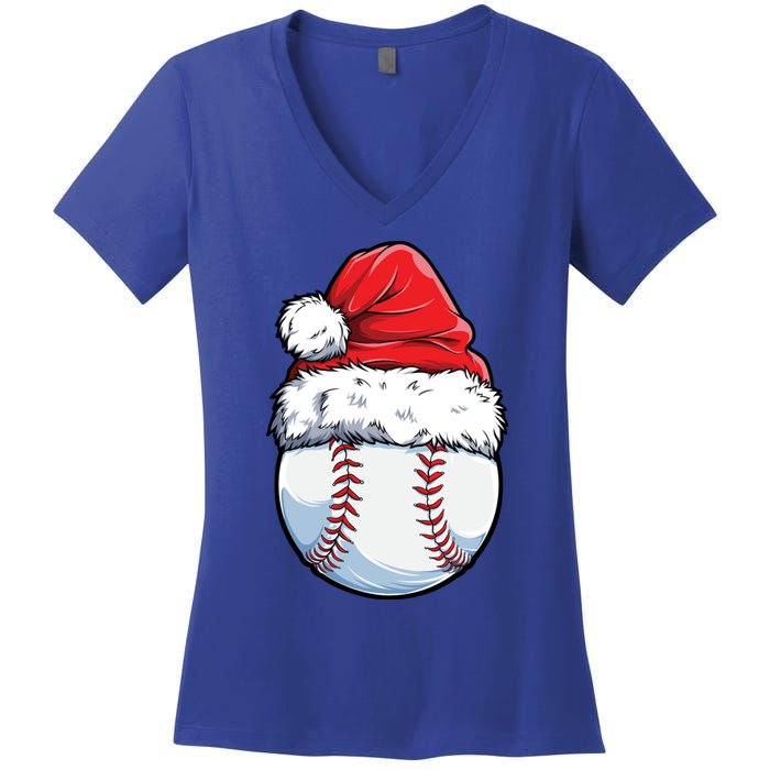 Christmas Baseball Ball Santa Hat Xmas Catcher Pitcher Cute Gift Women's V-Neck T-Shirt