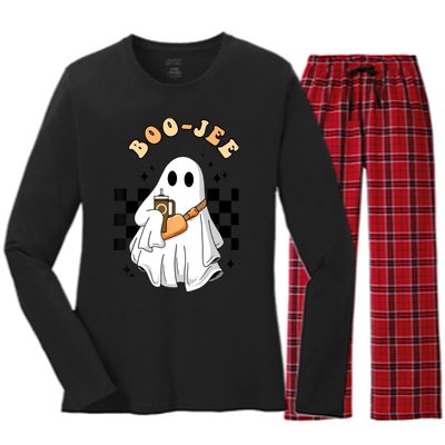 Cute Boujee BooJee Stanley Tumbler Inspired Ghost Halloween Women's Long Sleeve Flannel Pajama Set 