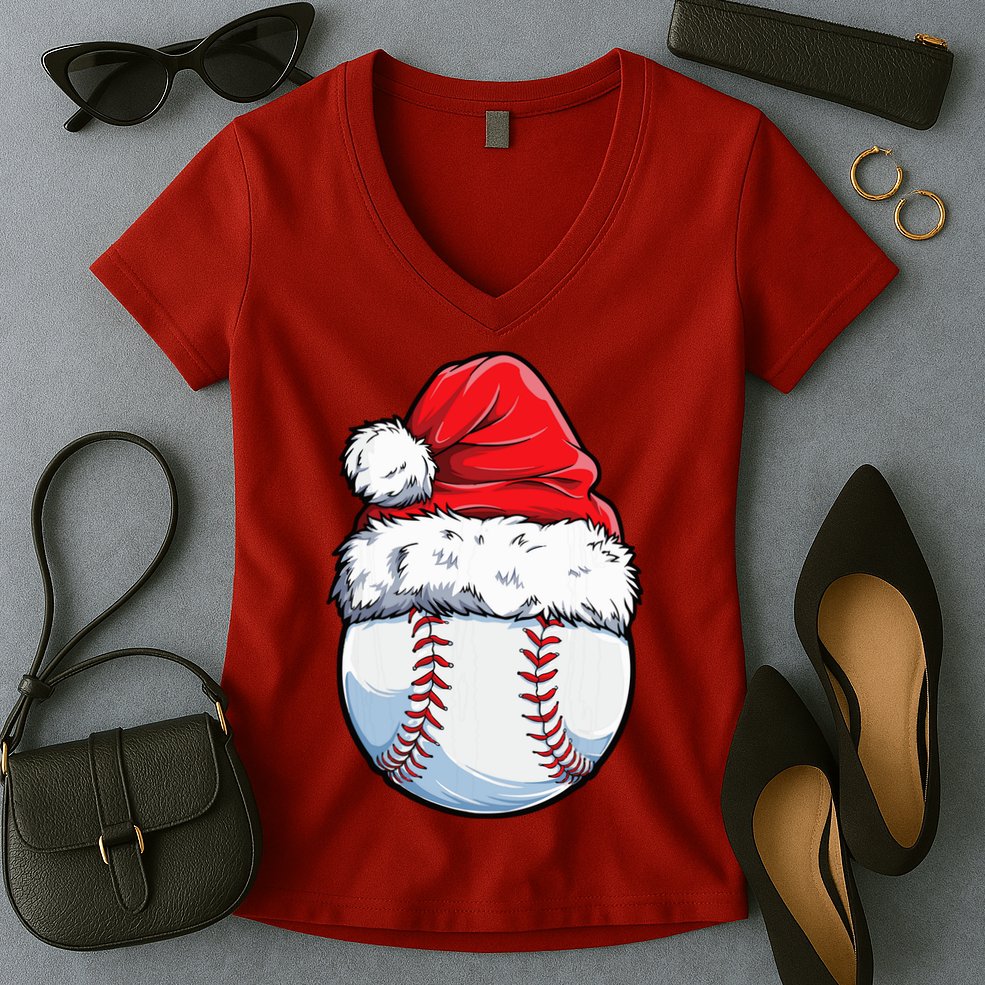 Christmas Baseball Ball Santa Hat Xmas Boys Women's V-Neck T-Shirt