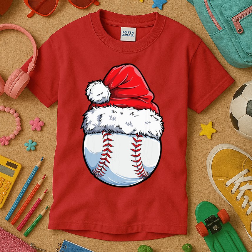 Christmas Baseball Ball Santa Hat Xmas Boys Kids T-Shirt