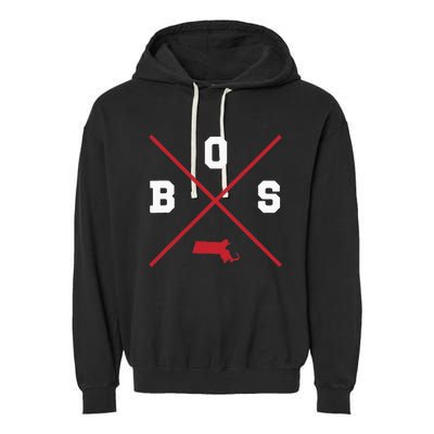 Classic Bos Boston Massachusetts Red Vintage State Outline Garment-Dyed Fleece Hoodie