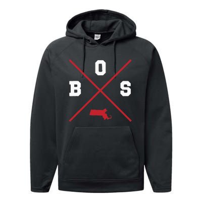 Classic Bos Boston Massachusetts Red Vintage State Outline Performance Fleece Hoodie