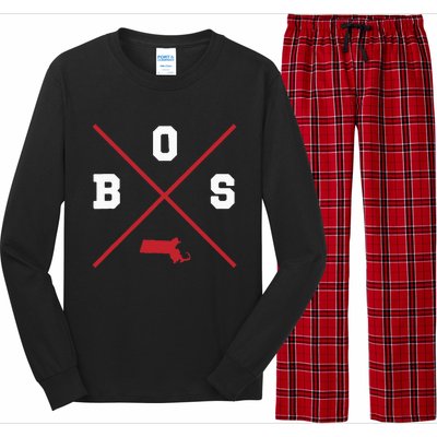 Classic Bos Boston Massachusetts Red Vintage State Outline Long Sleeve Pajama Set