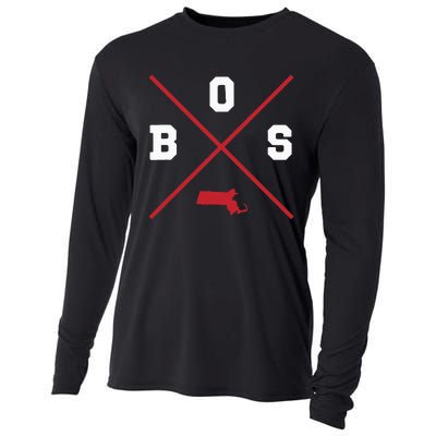 Classic Bos Boston Massachusetts Red Vintage State Outline Cooling Performance Long Sleeve Crew