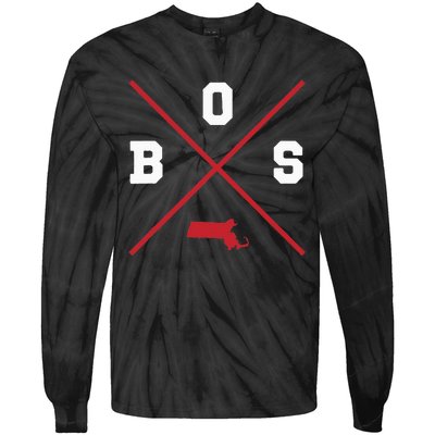 Classic Bos Boston Massachusetts Red Vintage State Outline Tie-Dye Long Sleeve Shirt