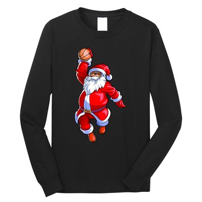 Christmas Basketball Black African American Santa Long Sleeve Shirt