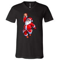 Christmas Basketball Black African American Santa V-Neck T-Shirt