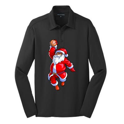 Christmas Basketball Black African American Santa Silk Touch Performance Long Sleeve Polo