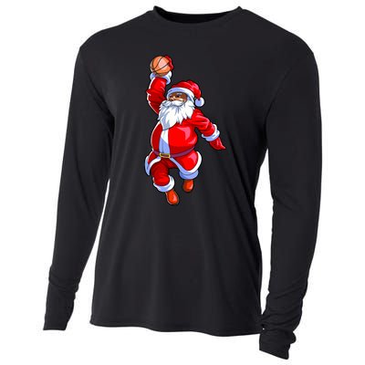 Christmas Basketball Black African American Santa Cooling Performance Long Sleeve Crew