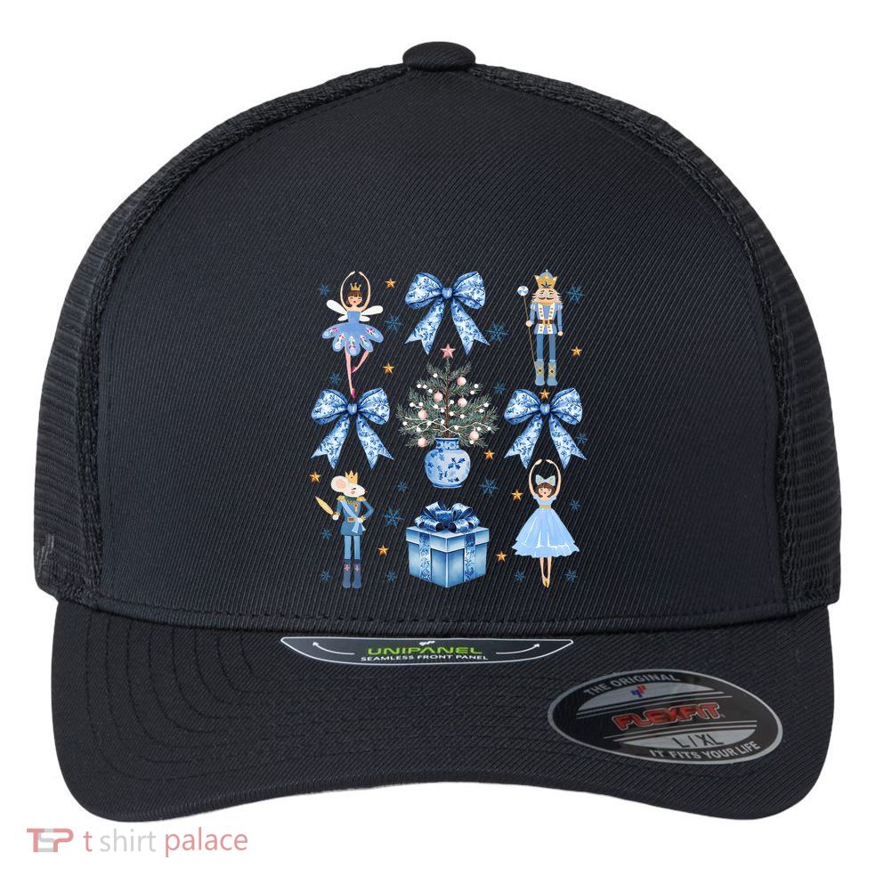 Coquette Blue Bow Nutcracker Xmas Merry Christmas Pajamas Flexfit Unipanel Trucker Cap