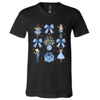 Coquette Blue Bow Nutcracker Xmas Merry Christmas Pajamas V-Neck T-Shirt