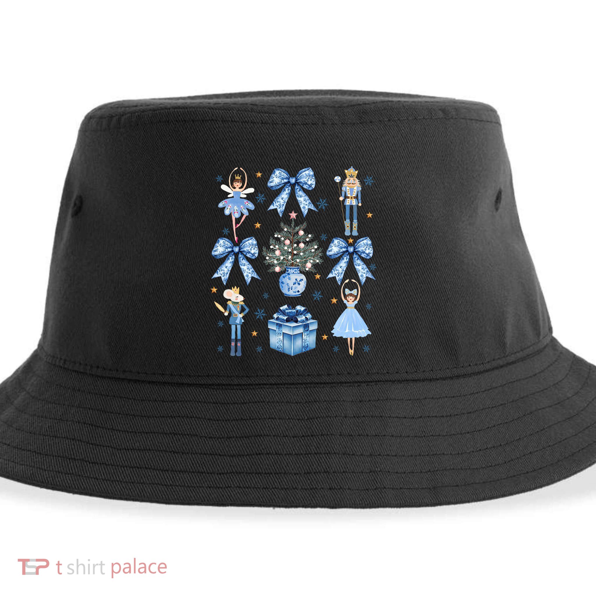 Coquette Blue Bow Nutcracker Xmas Merry Christmas Pajamas Sustainable Bucket Hat