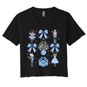 Coquette Blue Bow Nutcracker Xmas Merry Christmas Pajamas Women's Crop Top Tee