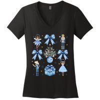 Coquette Blue Bow Nutcracker Xmas Merry Christmas Pajamas Women's V-Neck T-Shirt