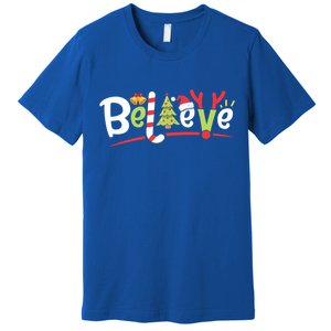 Christmas Believe Boys Girls Santa Hat Xmas Tree Antlers Gift Premium T-Shirt