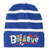 Christmas Believe Boys Girls Santa Hat Xmas Tree Antlers Gift Striped Beanie with Solid Band