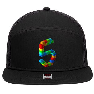 Cute Block Building 5th Birthday Gift 5 Years Old 7 Panel Mesh Trucker Snapback Hat