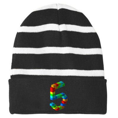 Cute Block Building 5th Birthday Gift 5 Years Old Striped Beanie with Solid Band