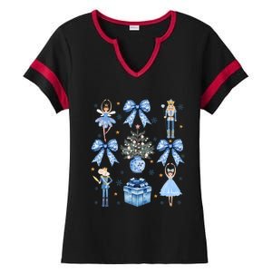 Coquette Blue Bow Nutcracker Xmas Merry Christmas Pajamas Ladies Halftime Notch Neck Tee