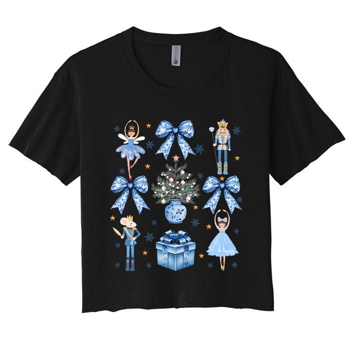 Coquette Blue Bow Nutcracker Xmas Merry Christmas Pajamas Women's Crop Top Tee