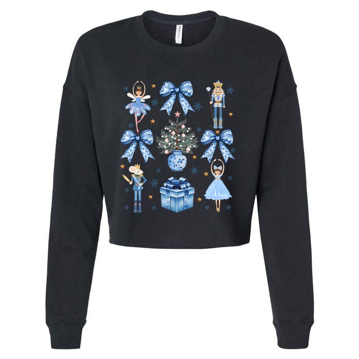 Coquette Blue Bow Nutcracker Xmas Merry Christmas Pajamas Cropped Pullover Crew