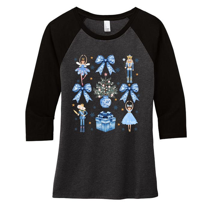 Coquette Blue Bow Nutcracker Xmas Merry Christmas Pajamas Women's Tri-Blend 3/4-Sleeve Raglan Shirt