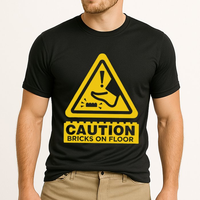 Caution Building Bricks On Floor Funny Warning Sign Cooling Performance Crew T-Shirt
