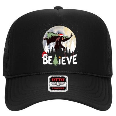 Christmas Bigfoot Believe Sasquatch In Moon Light Santa Xmas High Crown Mesh Back Trucker Hat