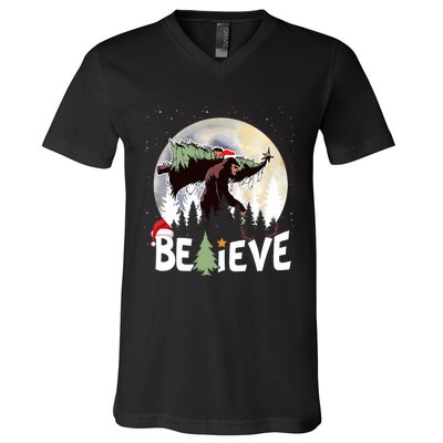 Christmas Bigfoot Believe Sasquatch In Moon Light Santa Xmas V-Neck T-Shirt