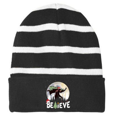 Christmas Bigfoot Believe Sasquatch In Moon Light Santa Xmas Striped Beanie with Solid Band