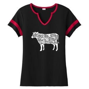 Cow Butcher Beef Cuts Diagram Funny Ladies Halftime Notch Neck Tee