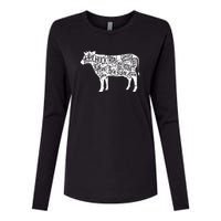 Cow Butcher Beef Cuts Diagram Funny Womens Cotton Relaxed Long Sleeve T-Shirt