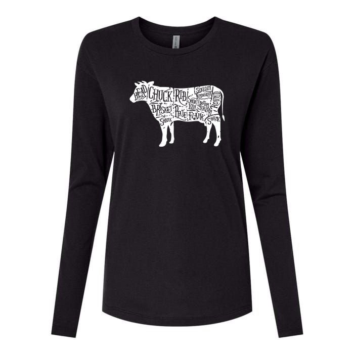 Cow Butcher Beef Cuts Diagram Funny Womens Cotton Relaxed Long Sleeve T-Shirt