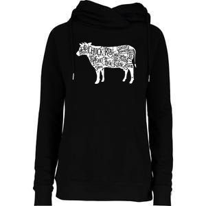 Cow Butcher Beef Cuts Diagram Funny Womens Funnel Neck Pullover Hood