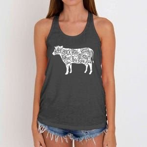 Cow Butcher Beef Cuts Diagram Funny Women's Knotted Racerback Tank