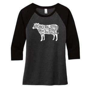 Cow Butcher Beef Cuts Diagram Funny Women's Tri-Blend 3/4-Sleeve Raglan Shirt