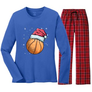 Christmas Basketball Ball Santa Hat Funny Xmas Sport Meaningful Gift Women's Long Sleeve Flannel Pajama Set 