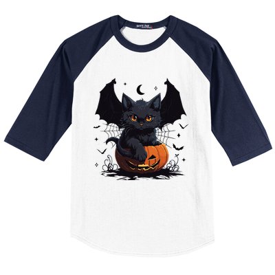 Cute Black Cat With Bat Wings Jack O Lantern Kitty Halloween Baseball Sleeve Shirt