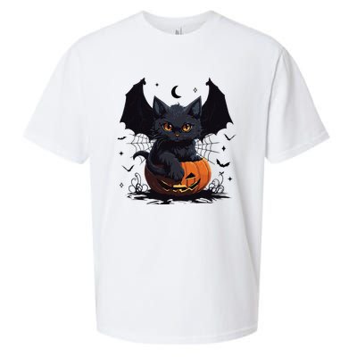 Cute Black Cat With Bat Wings Jack O Lantern Kitty Halloween Sueded Cloud Jersey T-Shirt