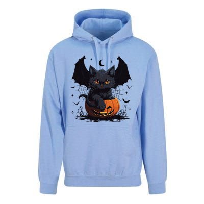 Cute Black Cat With Bat Wings Jack O Lantern Kitty Halloween Unisex Surf Hoodie