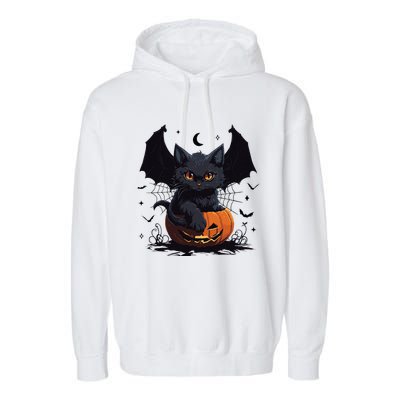 Cute Black Cat With Bat Wings Jack O Lantern Kitty Halloween Garment-Dyed Fleece Hoodie