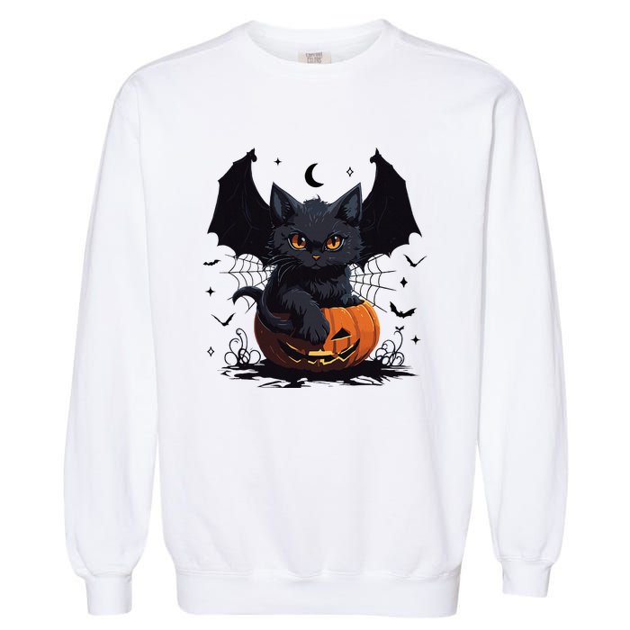 Cute Black Cat With Bat Wings Jack O Lantern Kitty Halloween Garment-Dyed Sweatshirt