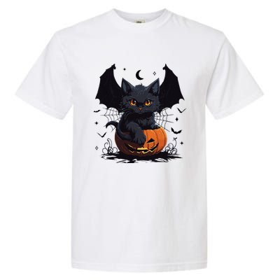 Cute Black Cat With Bat Wings Jack O Lantern Kitty Halloween Garment-Dyed Heavyweight T-Shirt