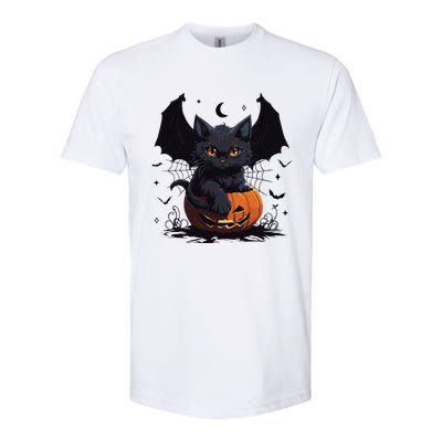 Cute Black Cat With Bat Wings Jack O Lantern Kitty Halloween Softstyle CVC T-Shirt