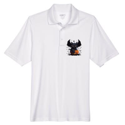 Cute Black Cat With Bat Wings Jack O Lantern Kitty Halloween Men's Origin Performance Pique Polo