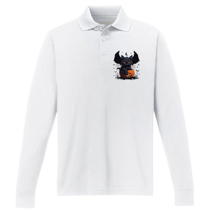 Cute Black Cat With Bat Wings Jack O Lantern Kitty Halloween Performance Long Sleeve Polo