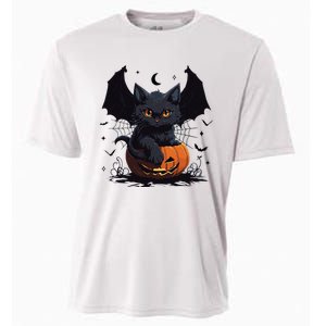 Cute Black Cat With Bat Wings Jack O Lantern Kitty Halloween Cooling Performance Crew T-Shirt