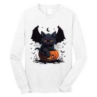 Cute Black Cat With Bat Wings Jack O Lantern Kitty Halloween Long Sleeve Shirt