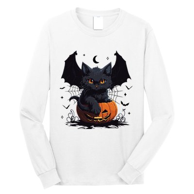 Cute Black Cat With Bat Wings Jack O Lantern Kitty Halloween Long Sleeve Shirt